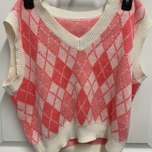 SHEIN Pink and White V-Neck Sweater Vest